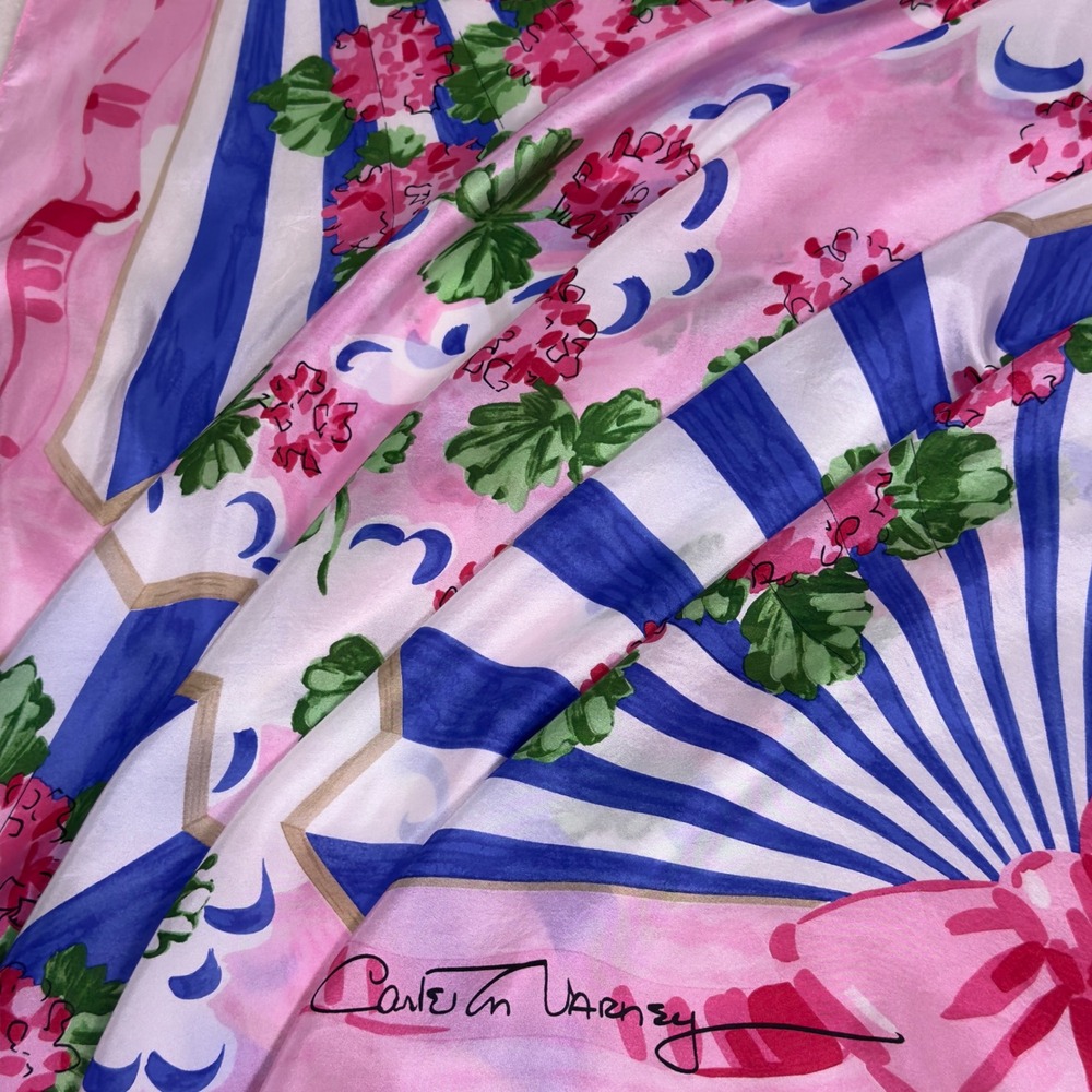Vtg Carleton Varney 41" Scarf Pink Floral Geranium Blue Resortwear Regencycore - Picture 8 of 9